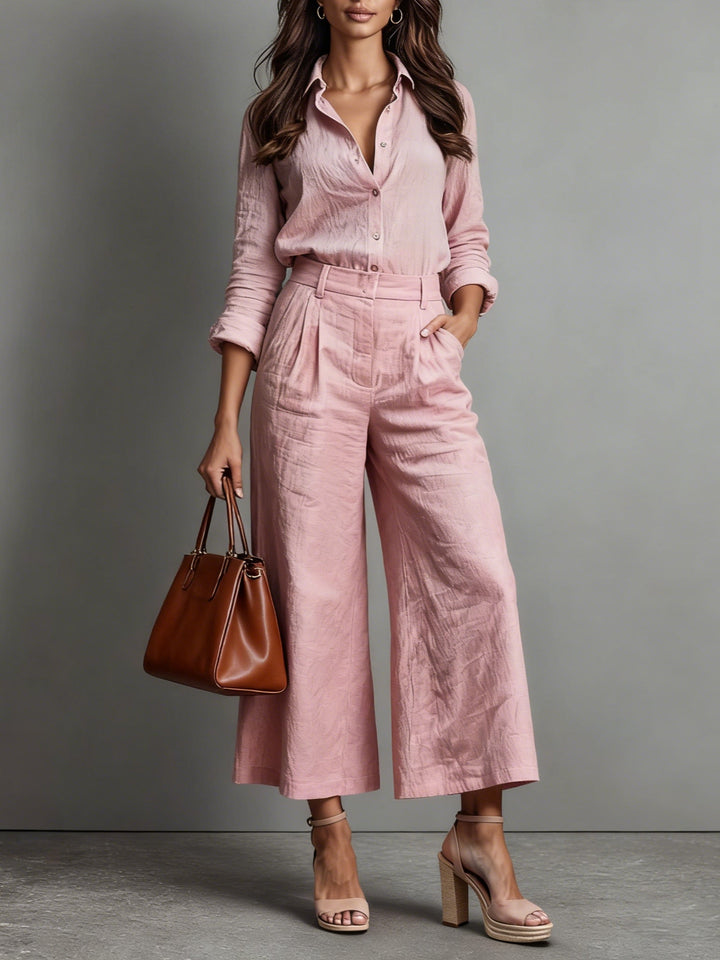 Rosa Pink | Linen Set: Flowy Shirt and Capri Pants for Effortless Style