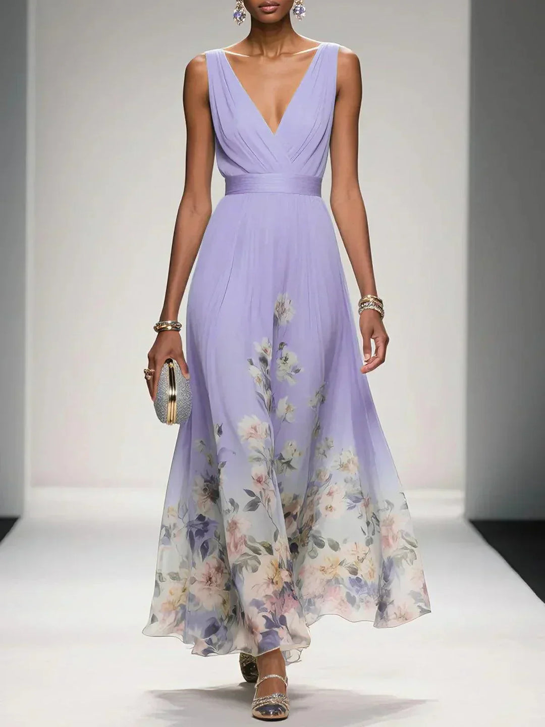 Gleamond | Floral V-Neck Maxi Dress