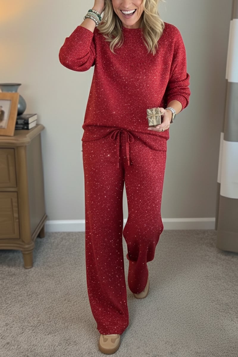 Round neckline, shiny, solid color, casual suit