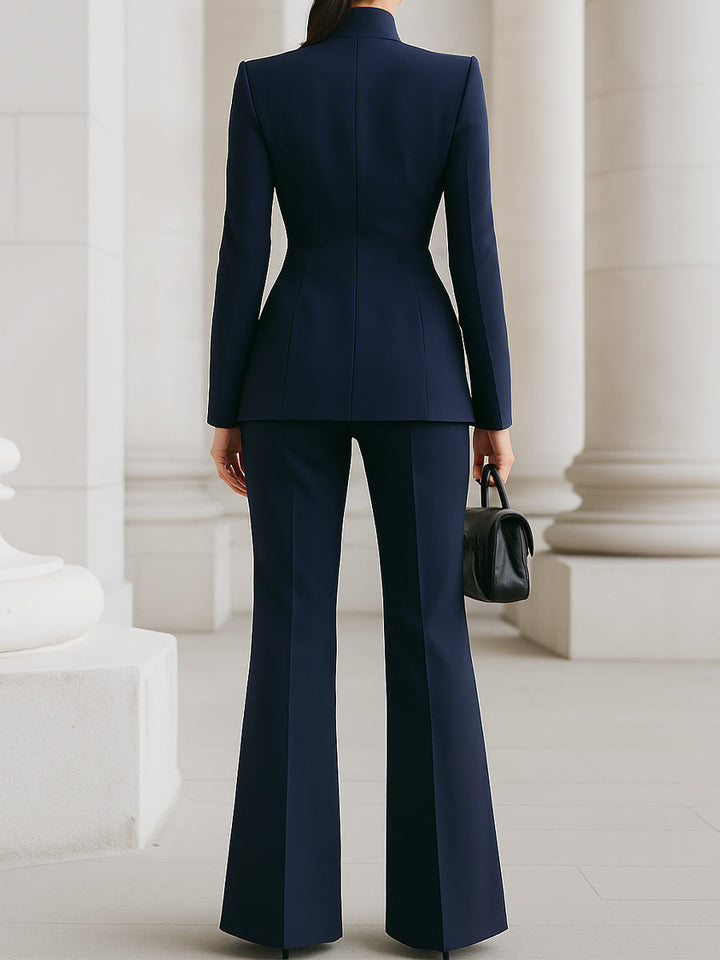 Sophisticated  High-Collar Blazer &amp; Wide-Leg Trousers Set