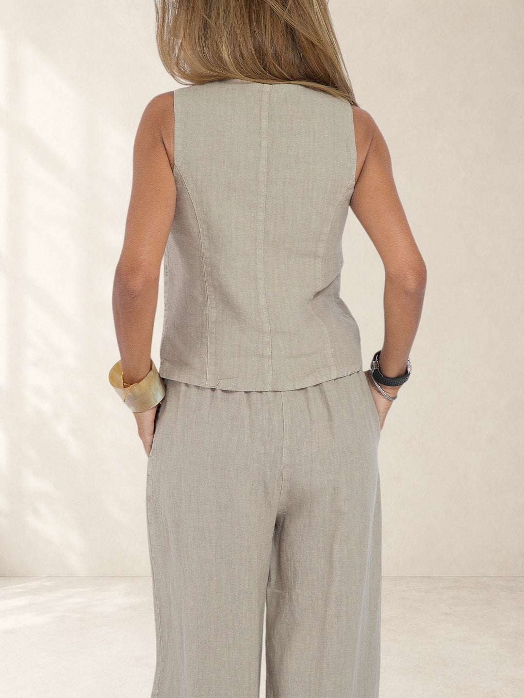 Aira - Buttoned Vest &amp; Wide-Leg Trousers Set