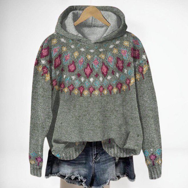 Vivian &amp; Cole Mia warm grey knit hoodie with a colorful Scandinavian-inspired jacquard pattern on chest and sleeves.