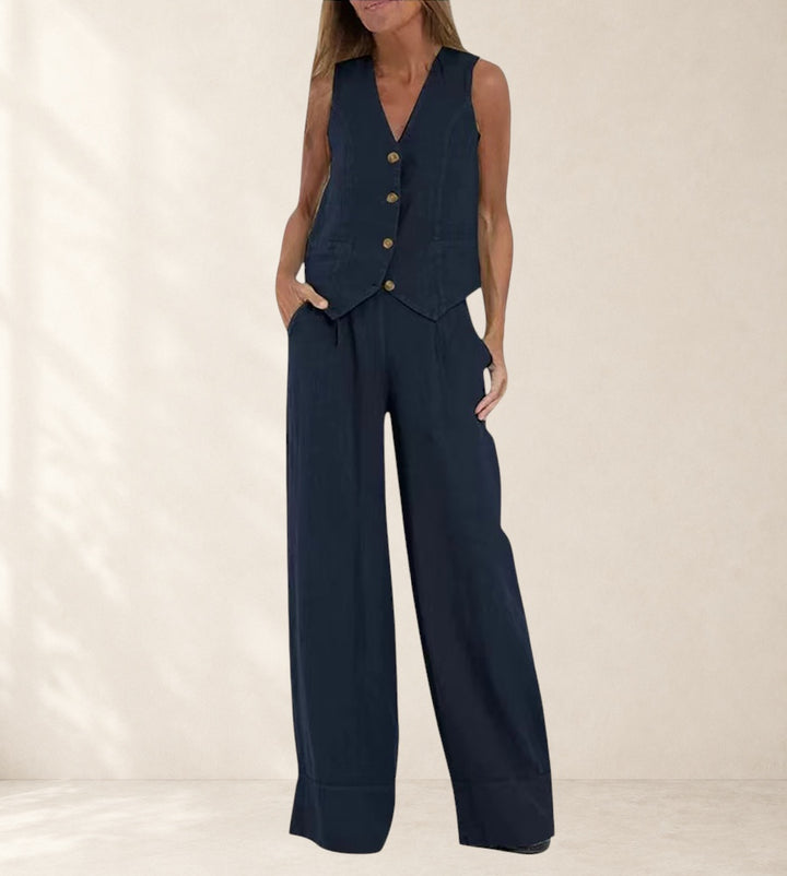Aira - Buttoned Vest &amp; Wide-Leg Trousers Set