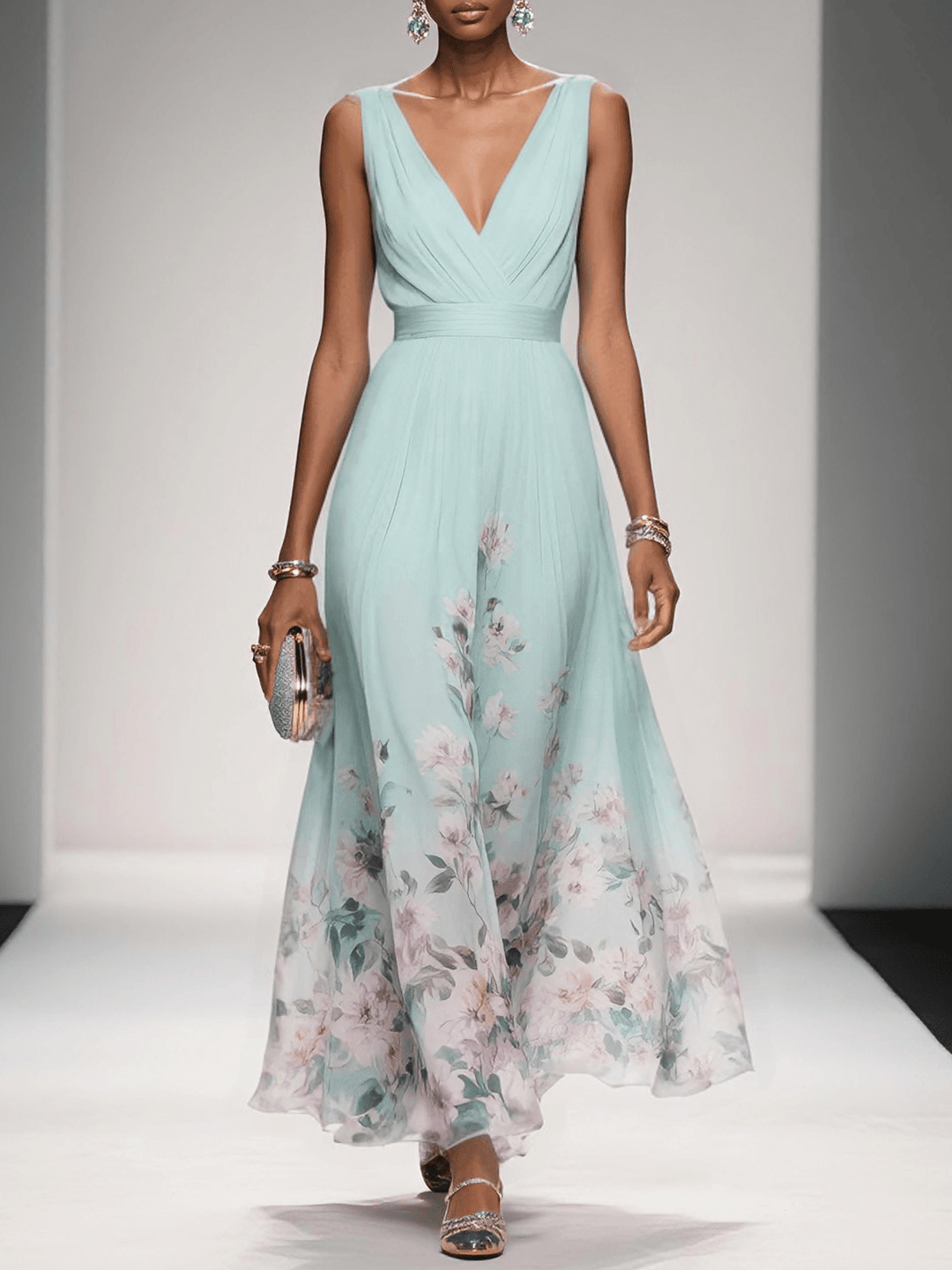 Gleamond | Floral V-Neck Maxi Dress