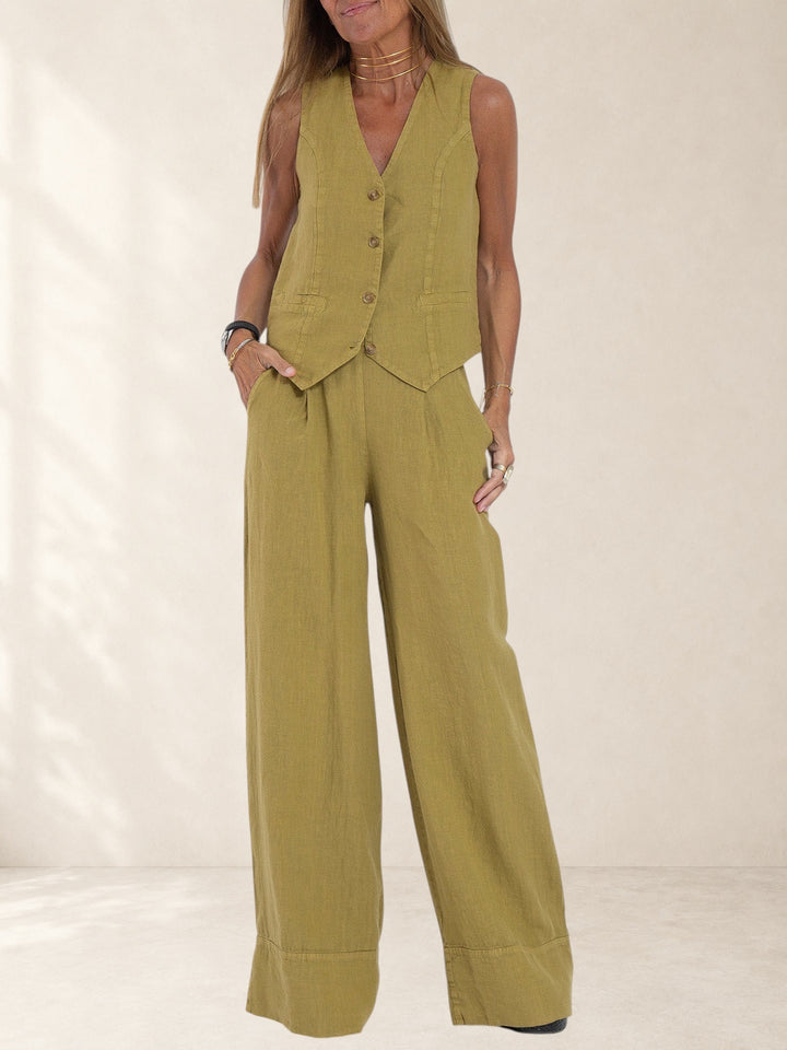 Aira - Buttoned Vest &amp; Wide-Leg Trousers Set