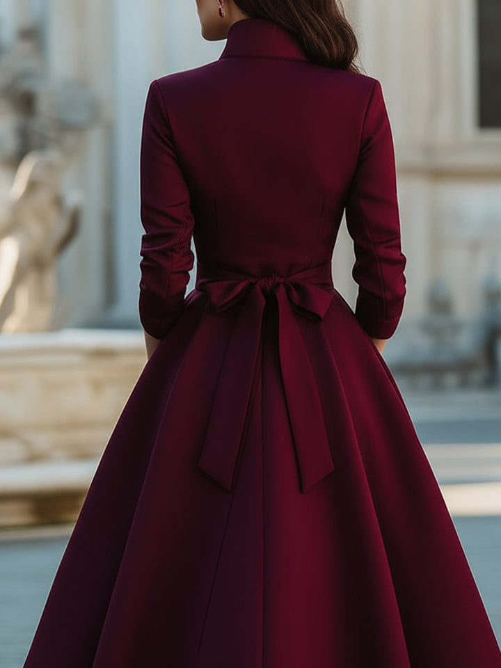 Elegant Band Collar Button-Down Midi Dress With Belt