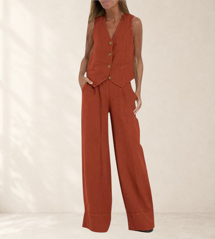 Aira - Buttoned Vest &amp; Wide-Leg Trousers Set