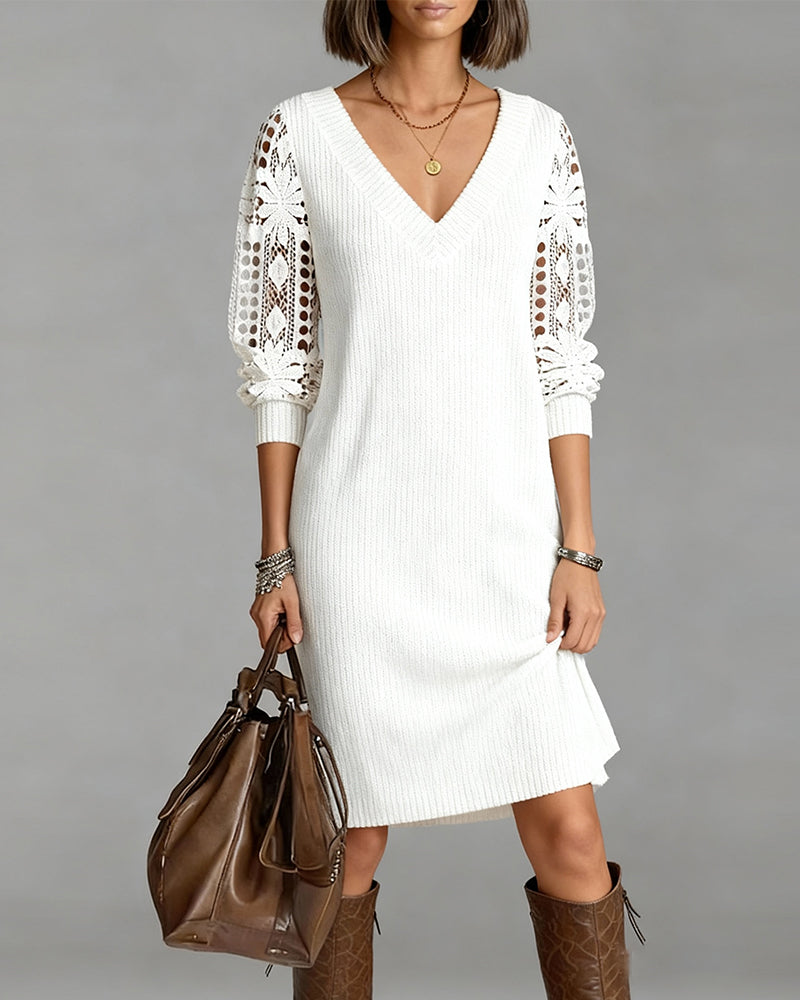 Elegant V-Neck Long-Sleeve Lace Dress