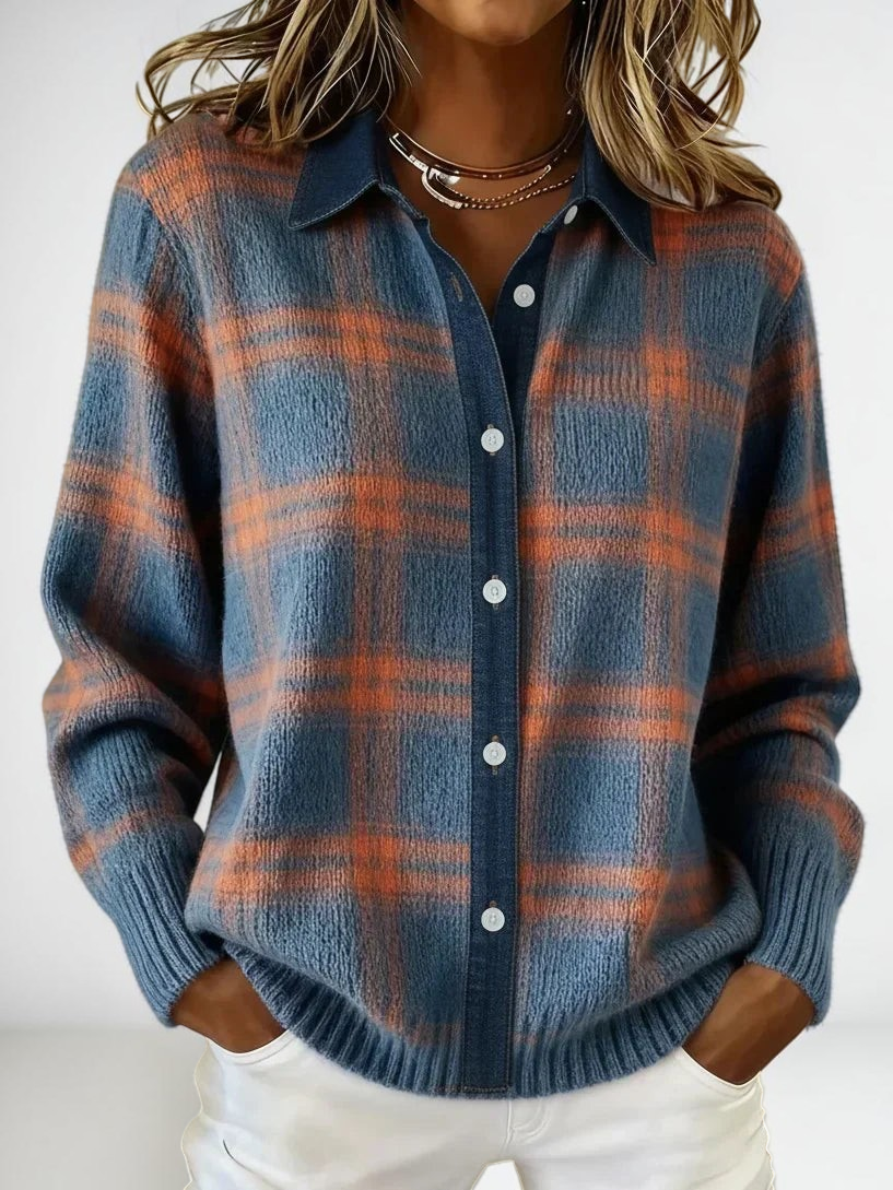 Vivian & Cole LEA long cardigan in blue and orange plaid with a denim-style collar and button-down front