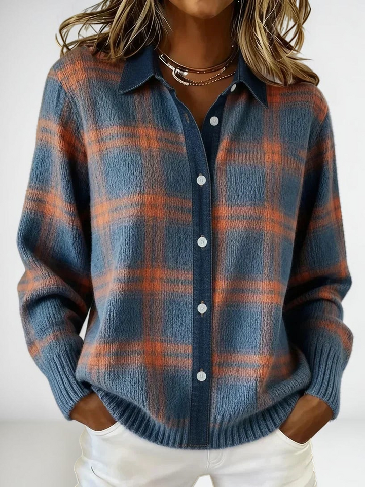 Vivian &amp; Cole LEA long cardigan in blue and orange plaid with a denim-style collar and button-down front