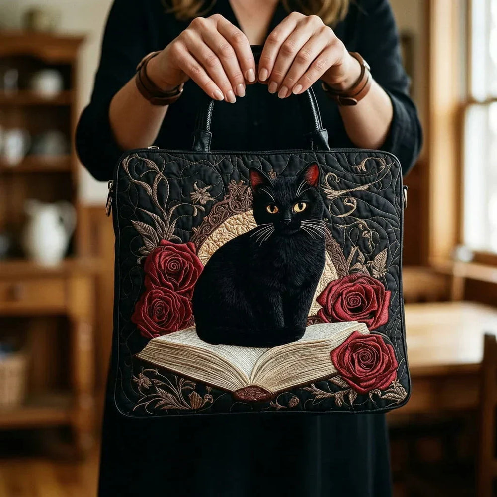 Black Cat & Books quilted tote for women