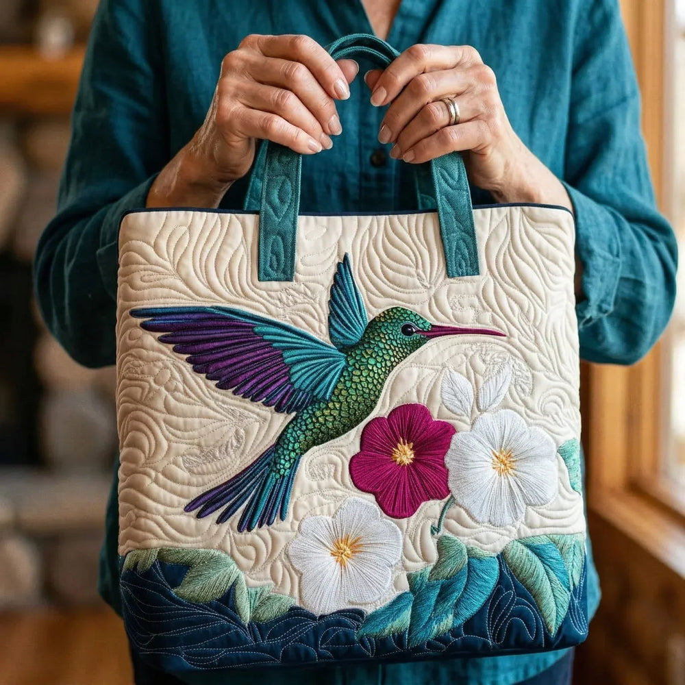Hummingbird & White Blossom floral quilted tote for women