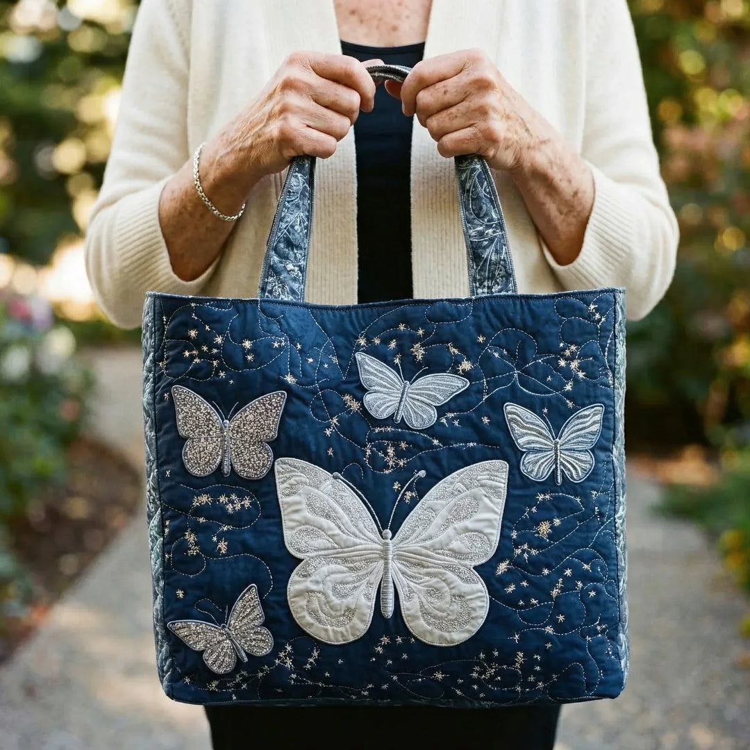Silver Butterfly handmade quilted tote for women