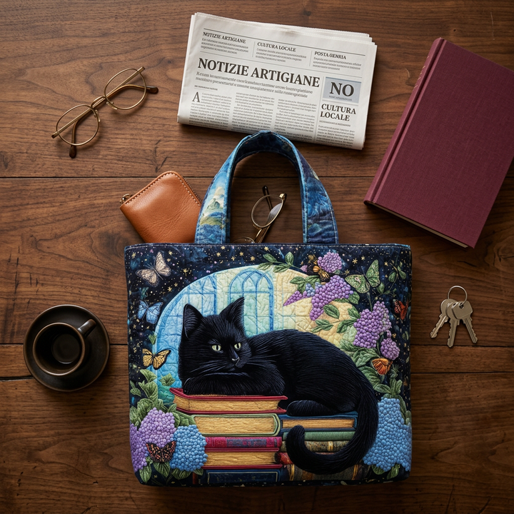 Black Cat on Books handmade quilted tote for women