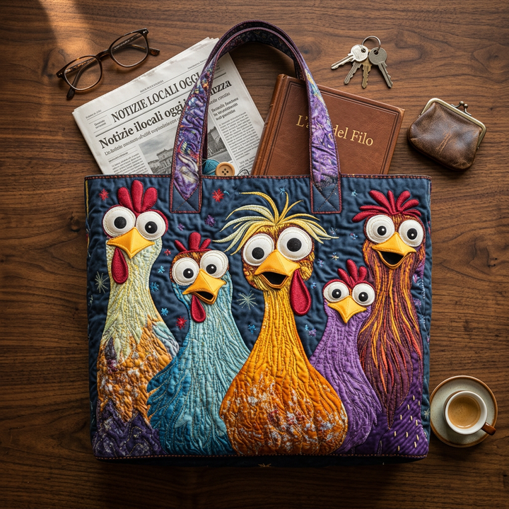Five Colorful Hens quilted tote for women