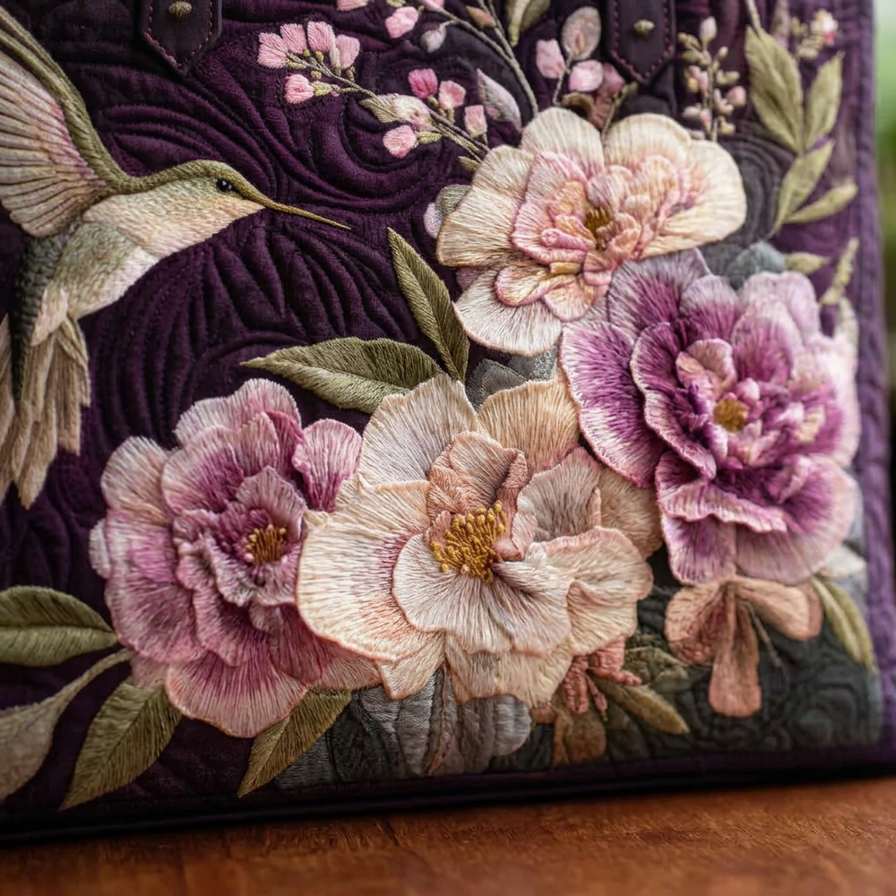 Hummingbird & Orchids handmade quilted tote for women