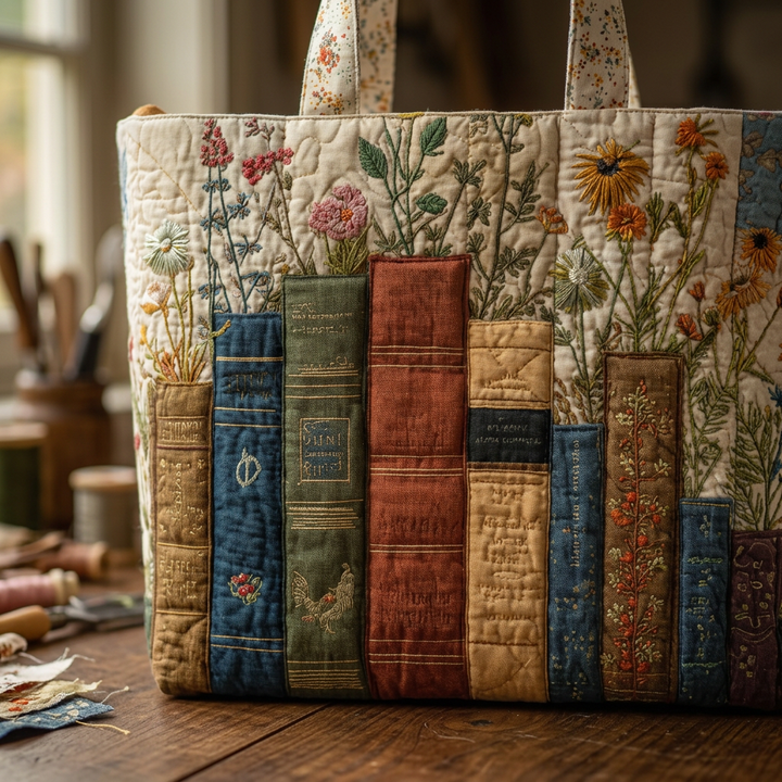 Books &amp; Flowers quilted tote for women