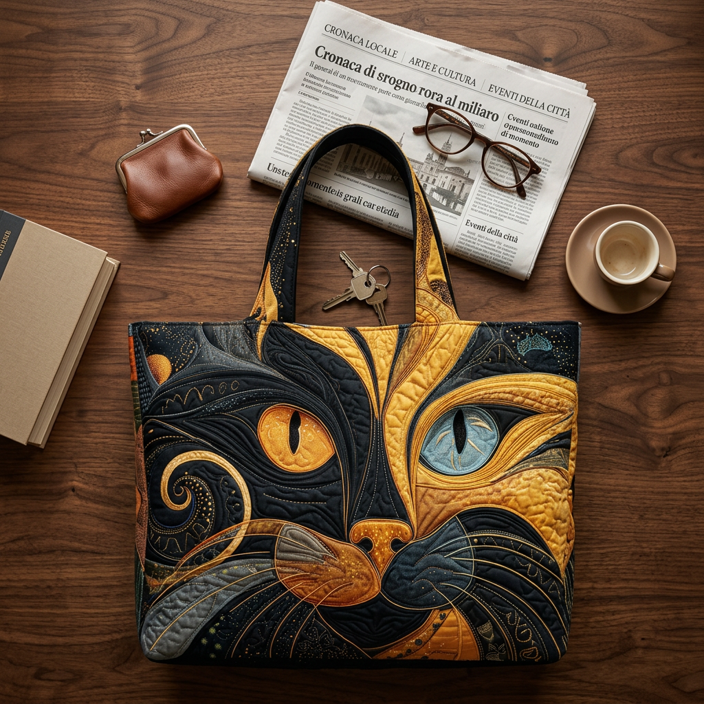 Mysterious Cat quilted tote for women