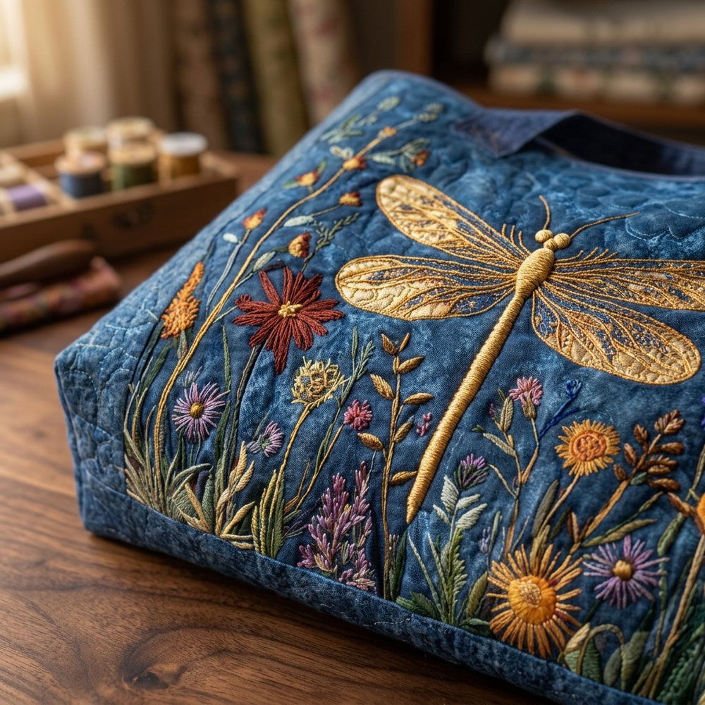 Golden Dragonfly quilted tote for women