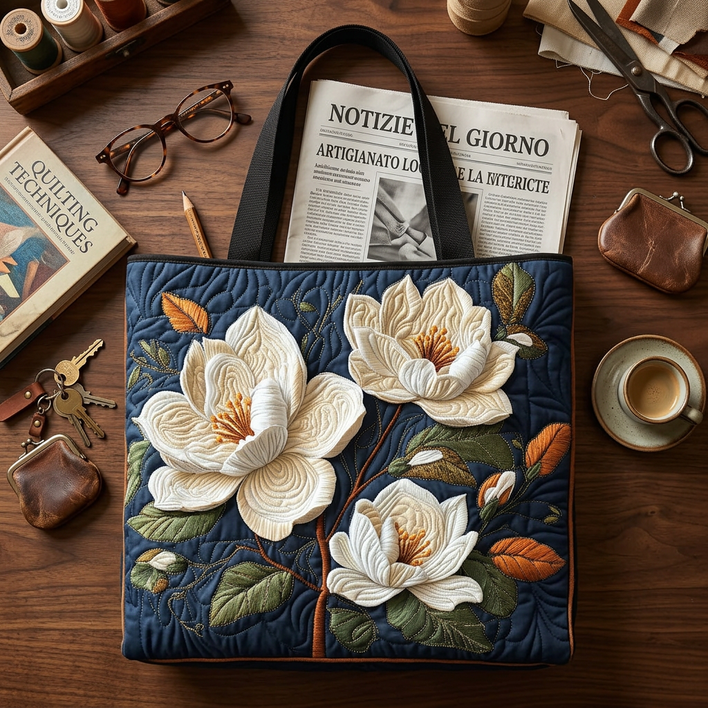 Delicate Magnolia floral quilted tote for women