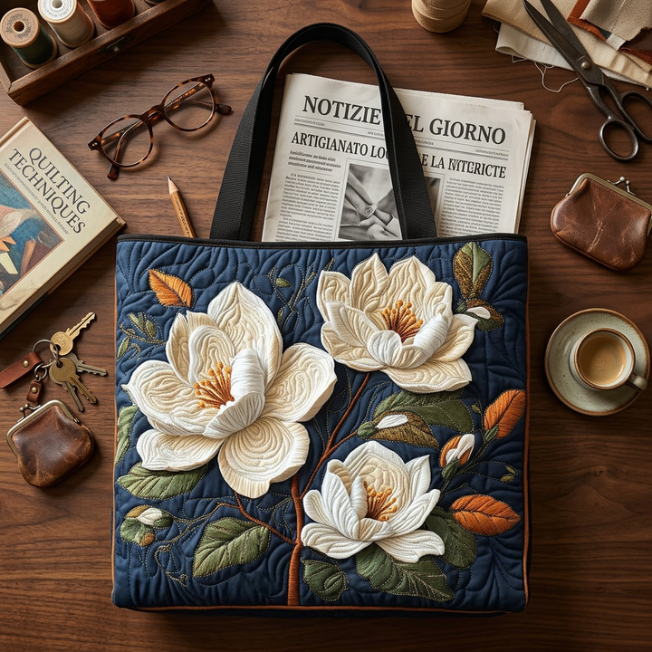 Delicate Magnolia floral quilted tote for women