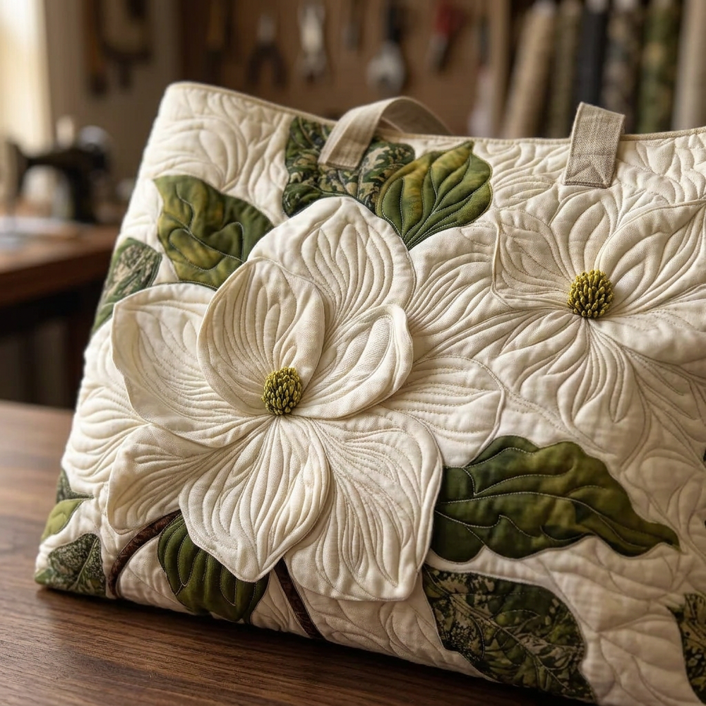 Elegant White Lilies quilted tote for women