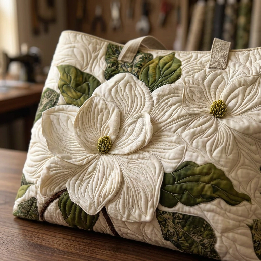 Elegant White Lilies quilted tote for women