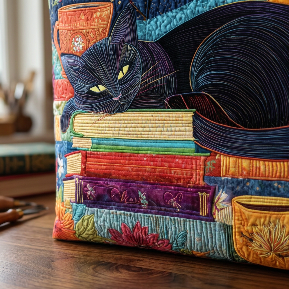 Black Cat, Books & Teacups quilted tote for women