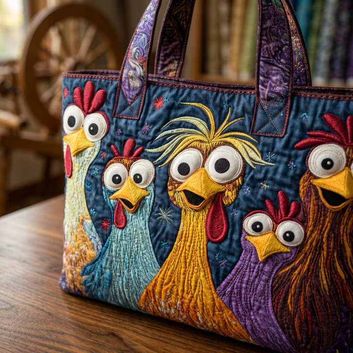 Five Colorful Hens quilted tote for women