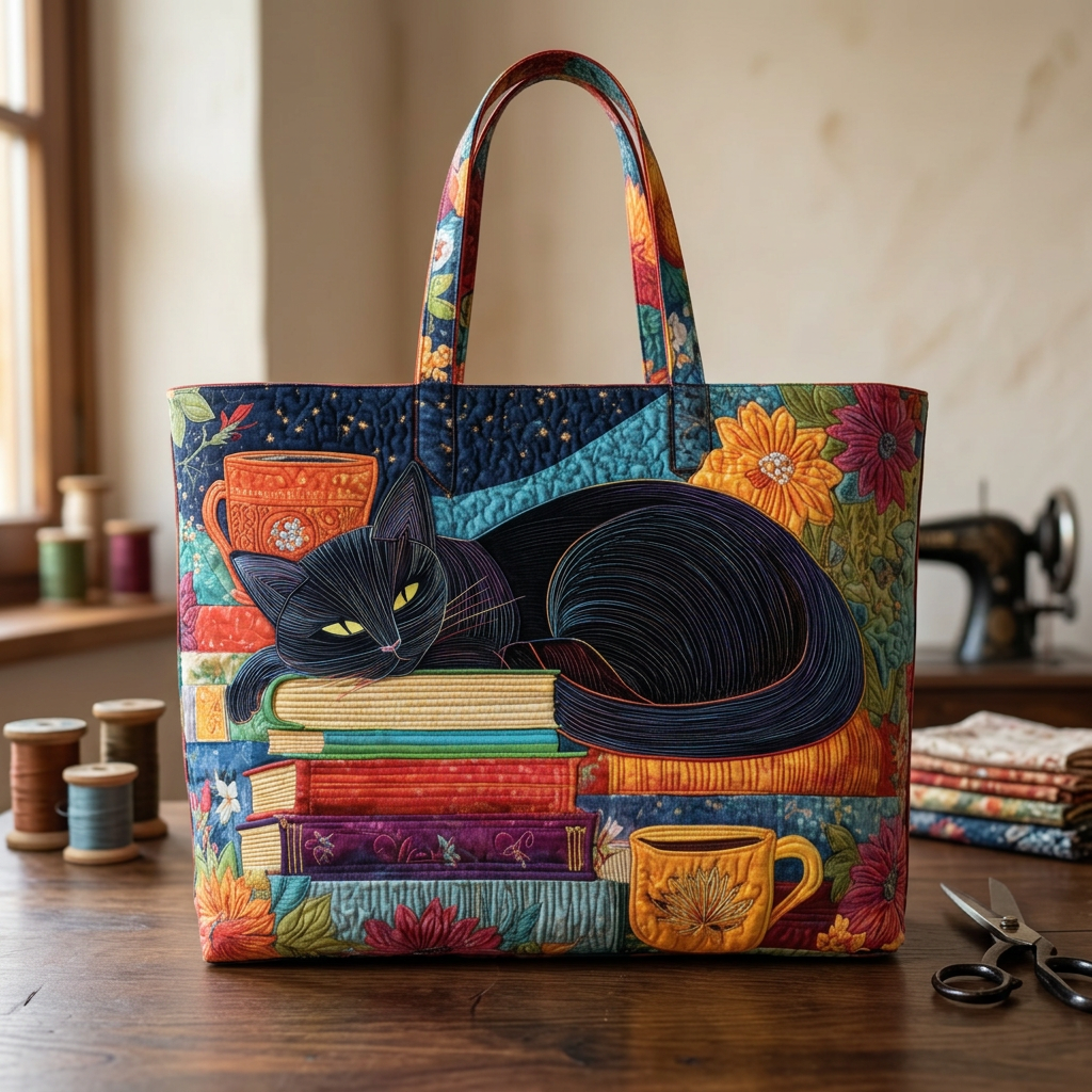 Black Cat, Books &amp; Teacups quilted tote for women