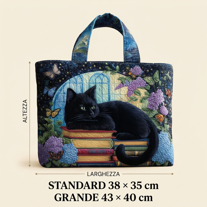 Black Cat on Books handmade quilted tote for women