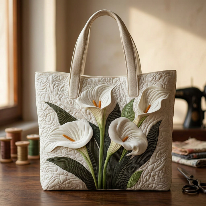 White Calla Lilies handmade quilted tote for women