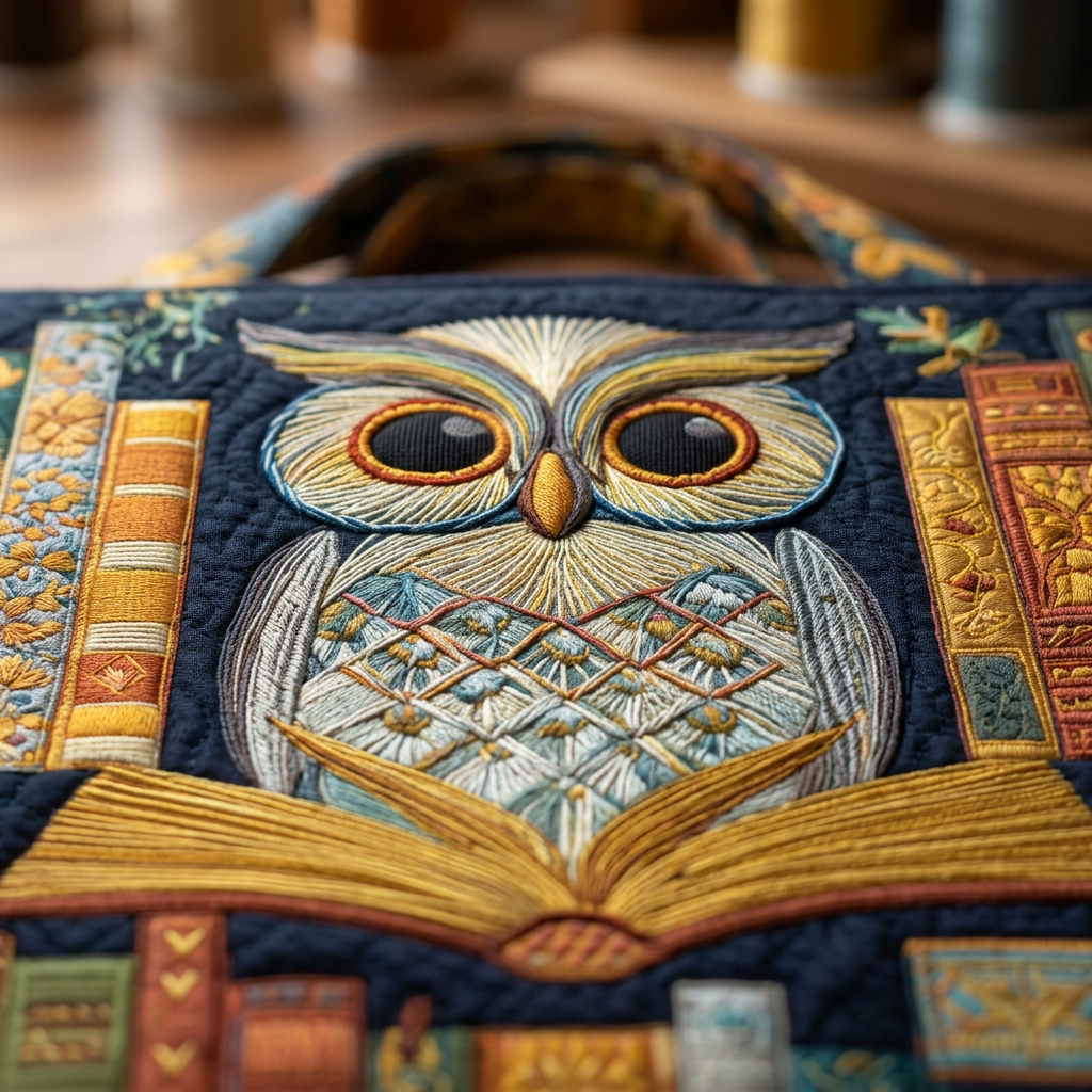 Owl &amp; Antique Books handmade quilted tote for women