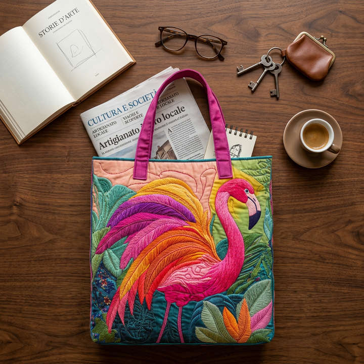Rainbow Flamingo handmade quilted tote for women
