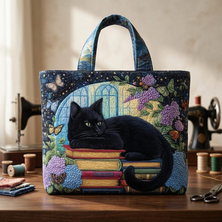 Black Cat on Books handmade quilted tote for women