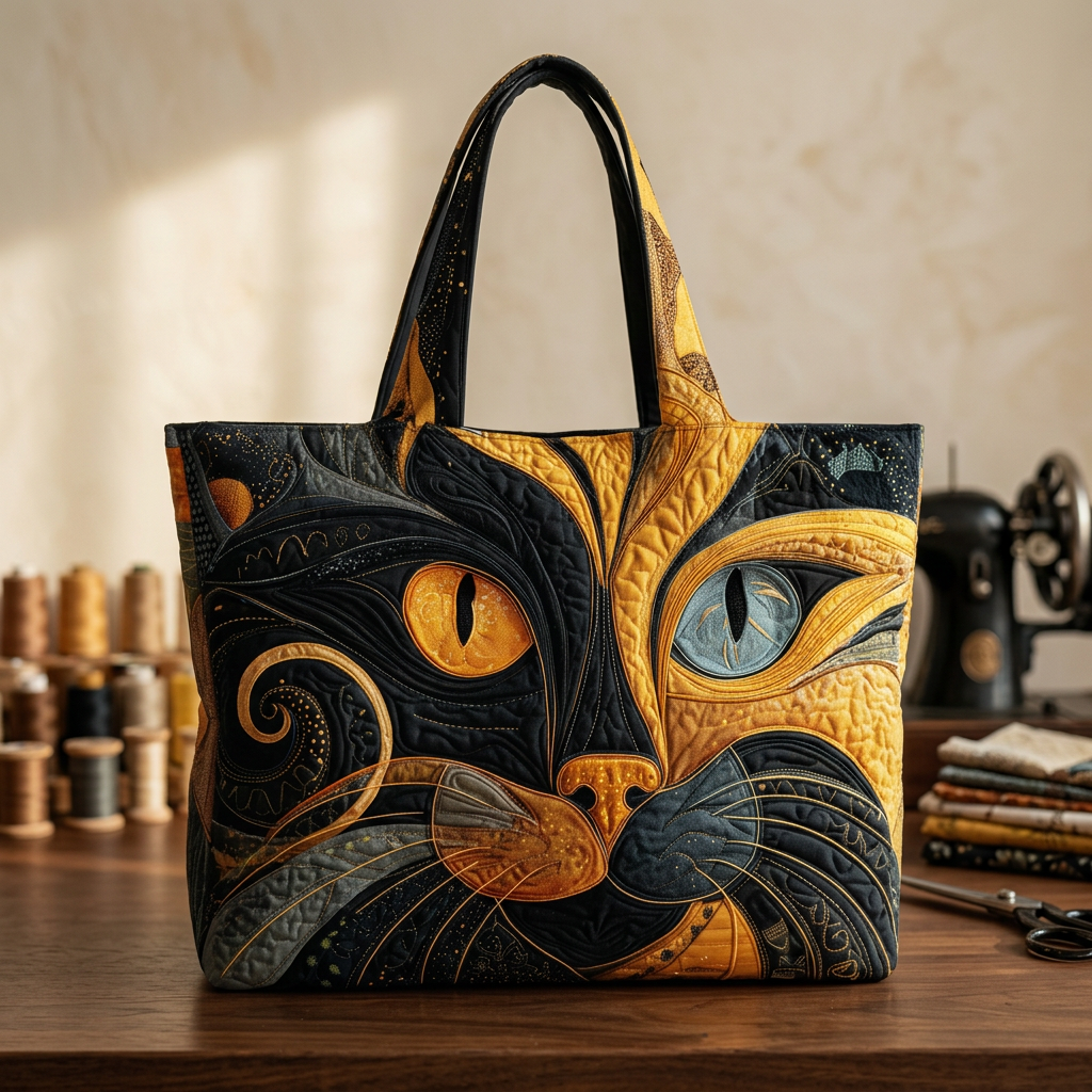 Mysterious Cat quilted tote for women