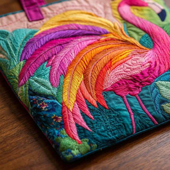 Rainbow Flamingo handmade quilted tote for women