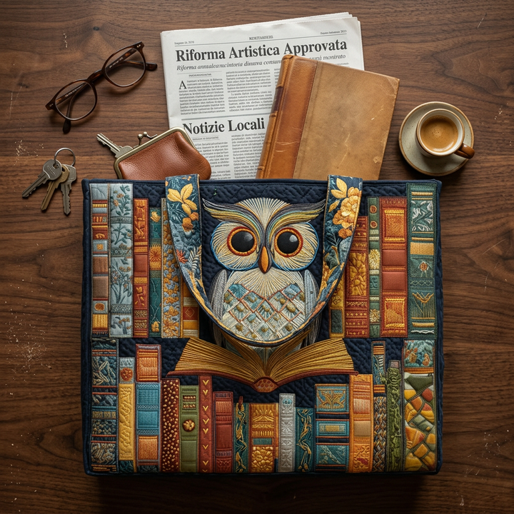 Owl &amp; Antique Books handmade quilted tote for women