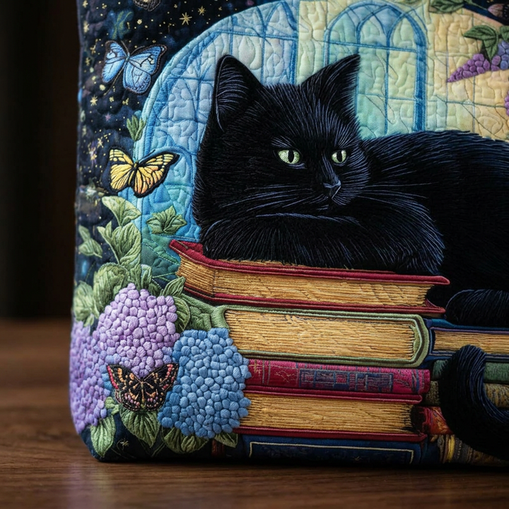 Black Cat on Books handmade quilted tote for women