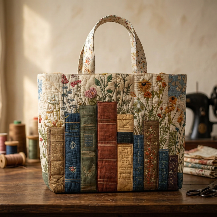Books &amp; Flowers quilted tote for women