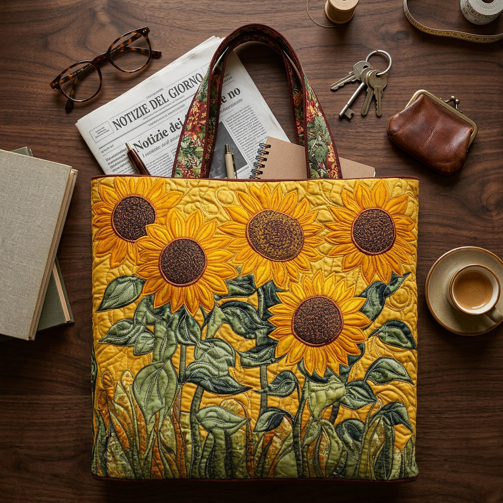 Sunflower handmade quilted tote for women