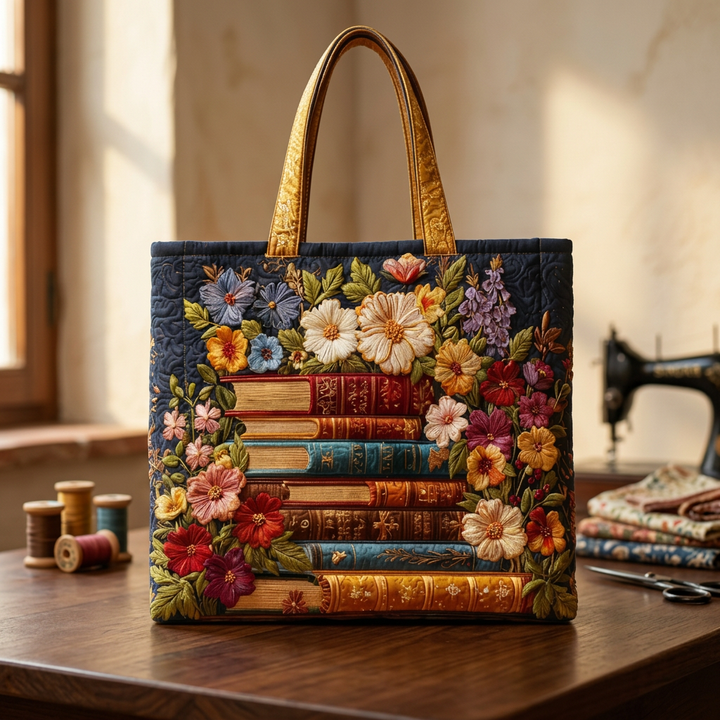 Floral Print &amp; Books quilted tote for women