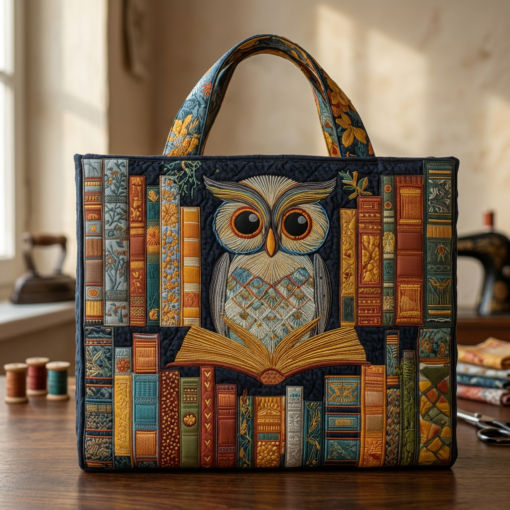 Owl &amp; Antique Books handmade quilted tote for women