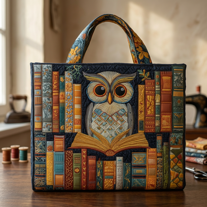Owl &amp; Antique Books handmade quilted tote for women