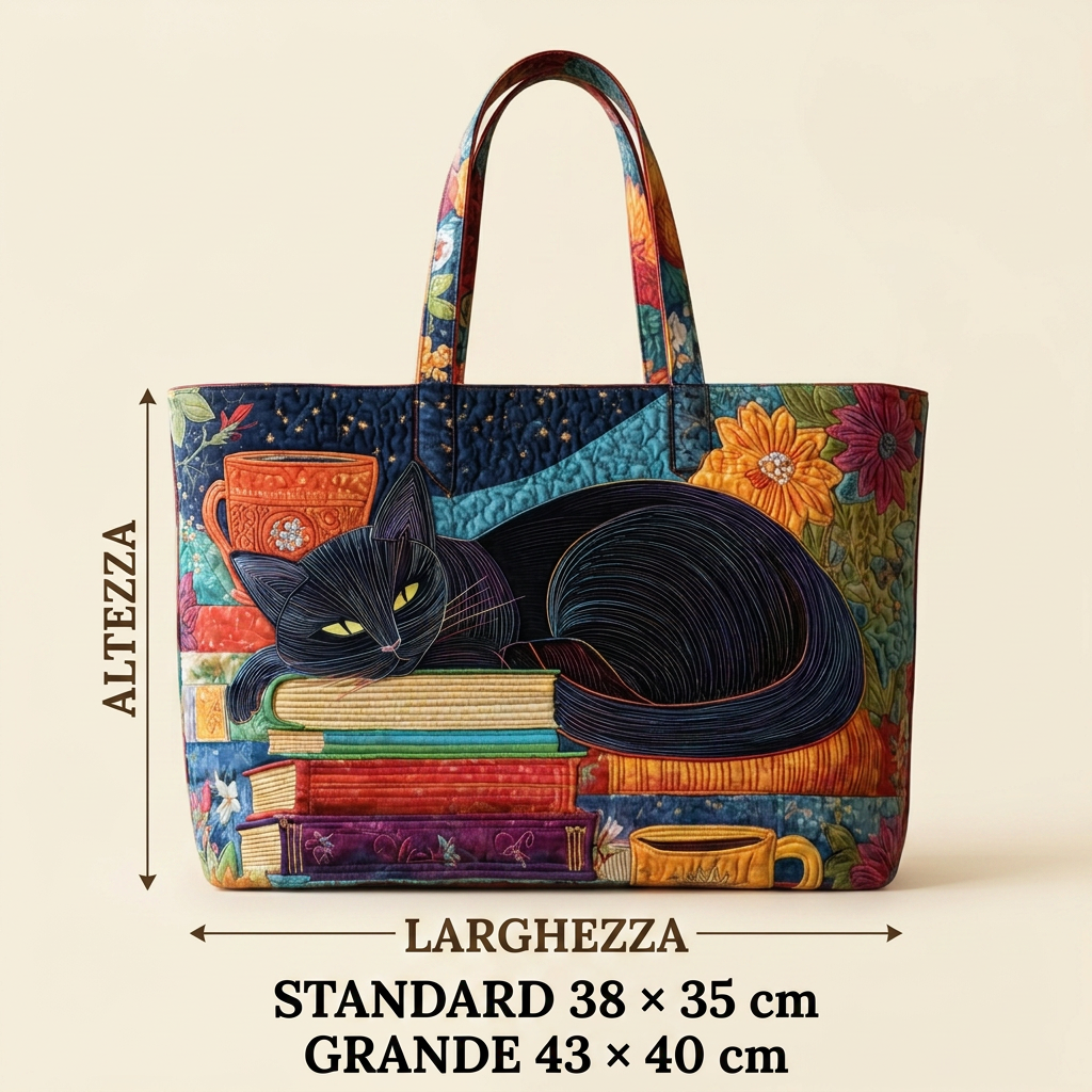 Black Cat, Books &amp; Teacups quilted tote for women
