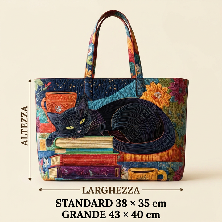 Black Cat, Books &amp; Teacups quilted tote for women
