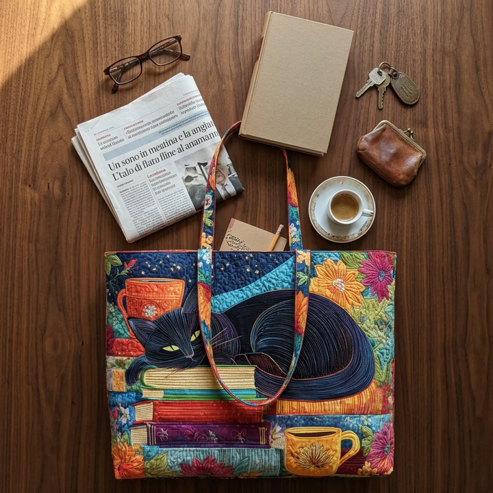 Black Cat, Books &amp; Teacups quilted tote for women
