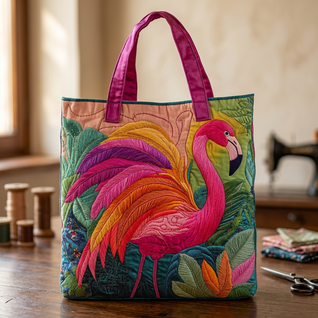 Rainbow Flamingo handmade quilted tote for women