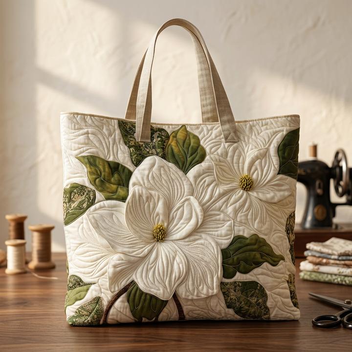 Elegant White Lilies quilted tote for women