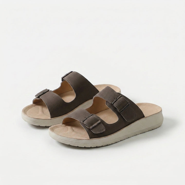 Mae double-buckle comfort slides for women